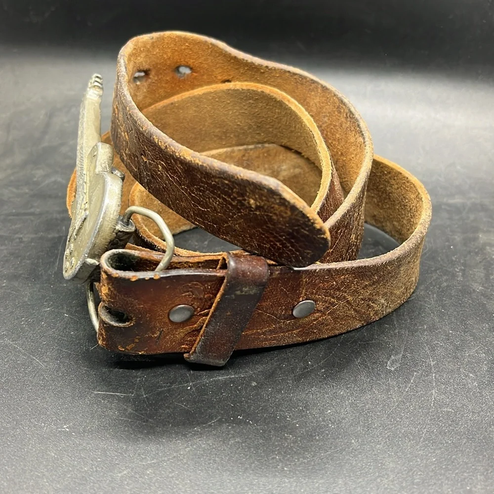 Vintage Brown Leather Men's Belt with Guitar Buckle